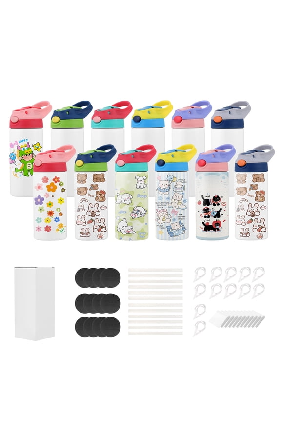 Sublimation Tumblers, 12 Pack, 12 oz Kids Sublimation Water Bottles, Food-Grade Stainless Steel Cups with Lids and Straws, Double Wall Insulated Tumbler Blank,for DIY Personalized Customization