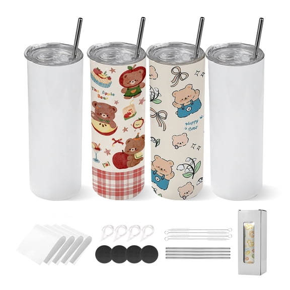 VEVOR Sublimation Tumblers, 4 Pack, 20 oz Skinny Straight Tumblers Bulk, Stainless Steel Sublimation Cups with Lids and Straws, Double Wall Insulated Tumbler Blank, for DIY Personalized Customization
