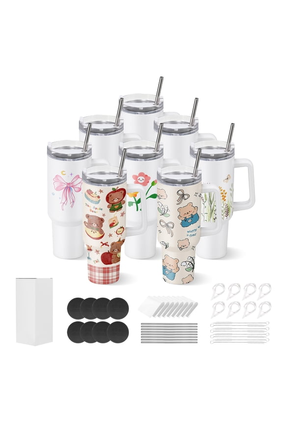 Sublimation Tumblers, 8 Pack, 40 oz Tumblers Bulk with Handle, Stainless Steel Sublimation Cups with Lids and Straws, Double Wall Insulated Tumbler Blank, for DIY Personalized Customization