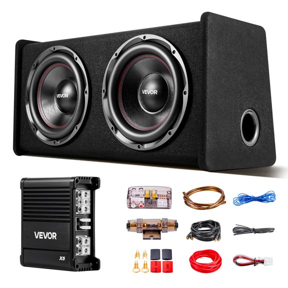 VEVOR Subwoofer Bass Package, 12 in, 490W RMS, Dual Car Audio Subwoofer and Amp Package, with Loaded Enclosure, Separate Amplifier, and Wiring Kit, for Various Vehicles Trunks, Car Audio Systems