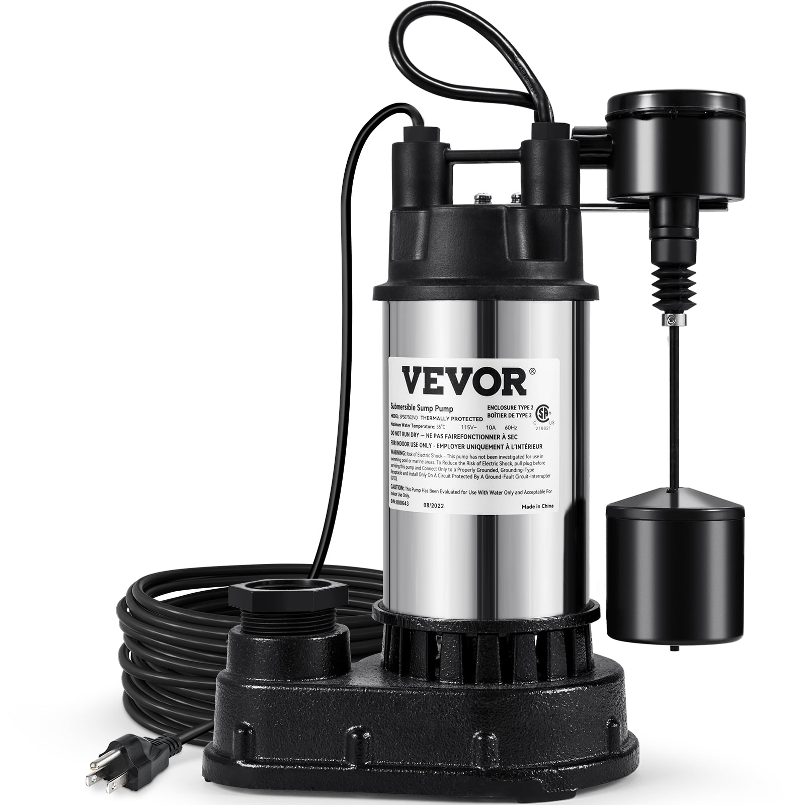 VEVOR Sump Pump, 1.5 HP 6000 GPH, Submersible Cast Iron and Stainless Steel  Water Pump, 1-1/2 Discharge With 1-1/4 Adaptor, Automatic Vertical Float  Switch, for Indoor Basement Water Basin 