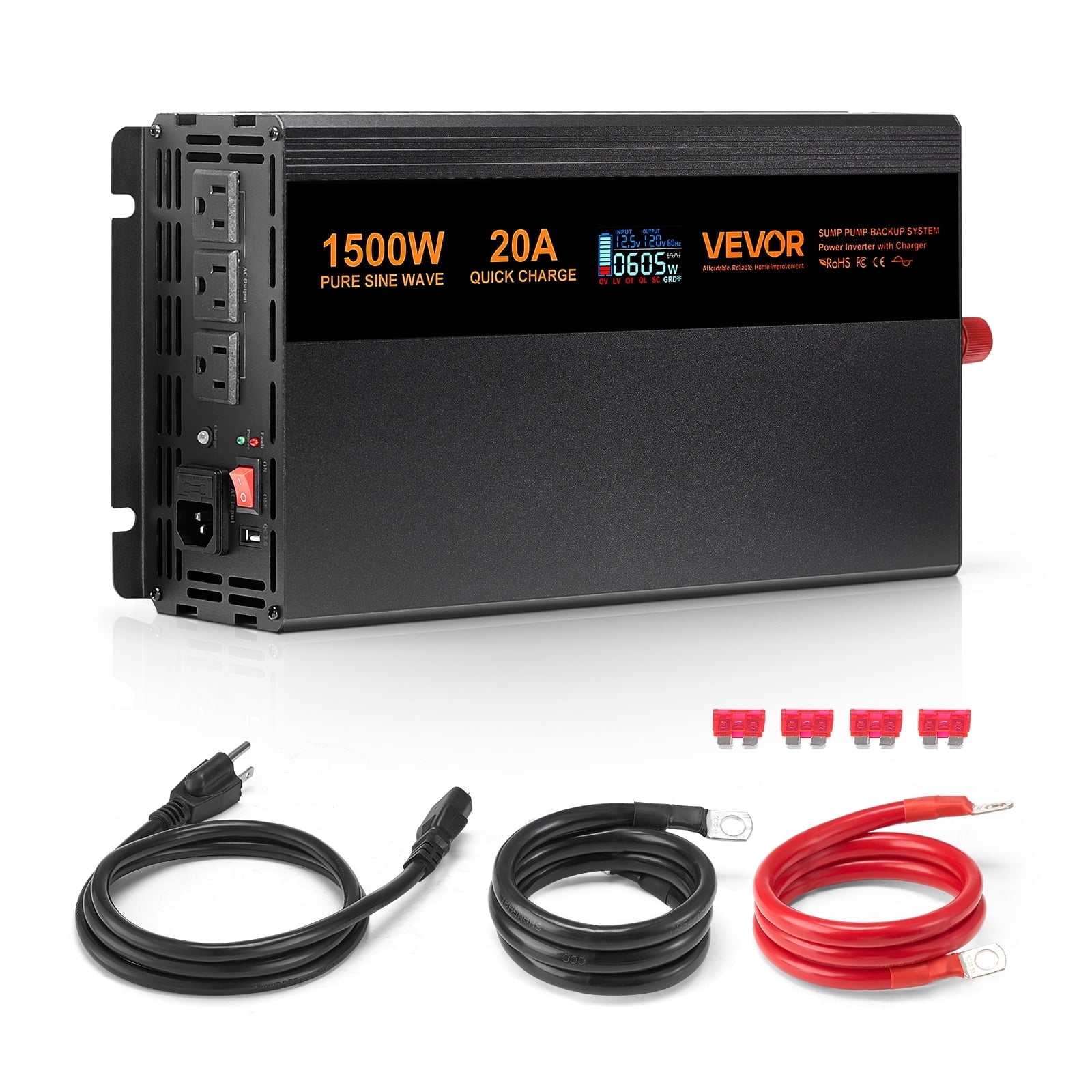 VEVOR Sump Pump Battery Backup System, 1500W, Auto Switches to Battery Inverter for Continuous Sump Pump Operation, Pure Sine Wave, LCD Display, for Basement Protection Emergency and Power Outage