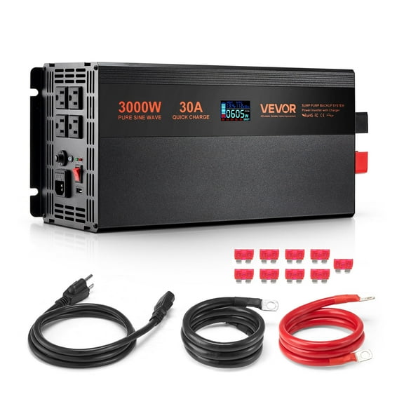 VEVOR Sump Pump Battery Backup System, 3000W, Auto Switches to Battery Inverter for Continuous Sump Pump Operation, Pure Sine Wave, LCD Display, for Basement Protection Emergency and Power Outage