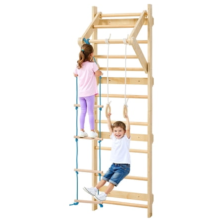 VEVOR Swedish Ladder Wall Gym, 4-in-1 8-Level Indoor Jungle Gym, 220LBS Loading Solid Wood Gymnastic Stall Bars,Indoor Playground Climbing Playset with Gym Rings, Pull-Up Bar, Rope Ladder,Wall Ladder