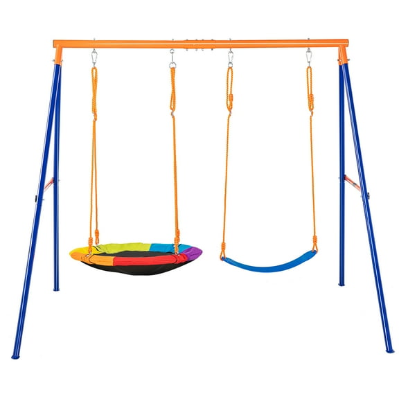 VEVOR Swing Sets for Backyard, 440lbs Load Capacity Swing Set, with 1 Saucer Swing Seat, 1 Belt Swing Seat, Heavy Duty A-Frame Metal Swing Stand and Adjustable Rope, Swingset Outdoor for Kids