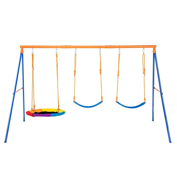 VEVOR Swing Sets for Backyard, 600lbs Load Capacity Swing Set, with 1 Saucer Swing Seat, 2 Belt Swing Seats, Heavy Duty A-Frame Metal Swing Stand and Adjustable Rope, Swingset Outdoor for Kids