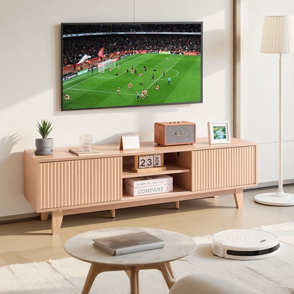 VEVOR TV Stand, Boho Entertainment Center for TVs up to 59 in, 350 lbs Load Capacity, TV Media Console Table with Adjustable Open Storage Shelves & Sliding Door for Living Room, Bedroom, Burlywood