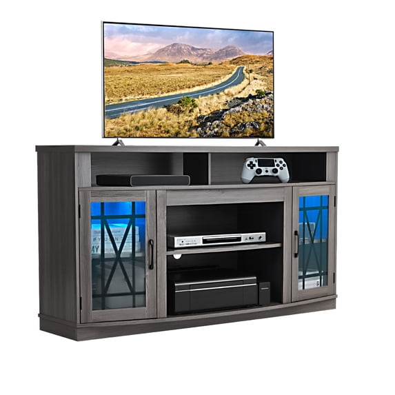 VEVOR TV Stand for TVs up to 65 inch, Farmhouse Entertainment Center with Light Strip, Wooden TV Cabinet Storage with Glass Doors and Adjustable Shelves, Console Table for Living Room, Bedroom, Gray