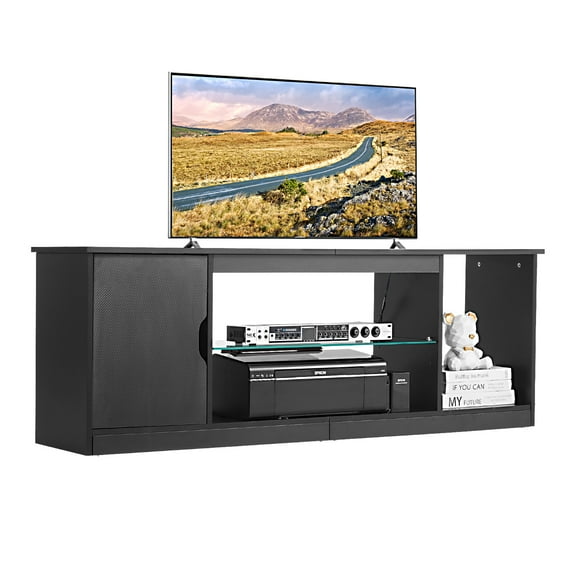 VEVOR TV Stand for TVs up to 65 inch, Modern Entertainment Center with Light Strip,Wooden TV Cabinet Storage with Glass Shelf and Adjustable Shelves,Console Table for Living Room and Bedroom,Black