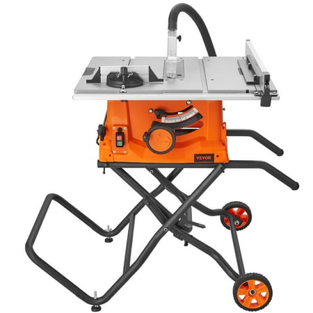 VEVOR Table Saw with Stand, 10-inch 15-Amp, Max Rip 25-in, Speed to 5000RPM, 40T Blade, Compact Portable Jobsite Saw with Sliding Miter for Wood & Furniture Crafting