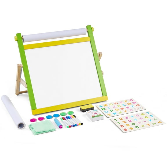 VEVOR Tabletop Art Easel for Kids, 3-in-1 Wooden Double-Sided Kides Art Easel with Magnetic Whiteboard, Chalkboard, Paper Roll, Foldable Portable Drawing Board with Painting Accessories