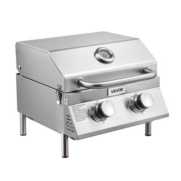 VEVOR Tabletop Gas Grill, 2-Burner Stainless Steel Portable Propane Grill, with Built-in Thermometer, Travel Locks, Weatherproof Lid, 15,000 BTU Total, for Outdoor Cooking,Patio,Party,Camping,RV