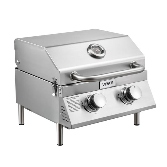 VEVOR Tabletop Gas Grill, 2-Burner Stainless Steel Portable Propane Grill, with Built-in Thermometer, Travel Locks, Weatherproof Lid, 15,000 BTU Total, for Outdoor Cooking,Patio,Party,Camping,RV
