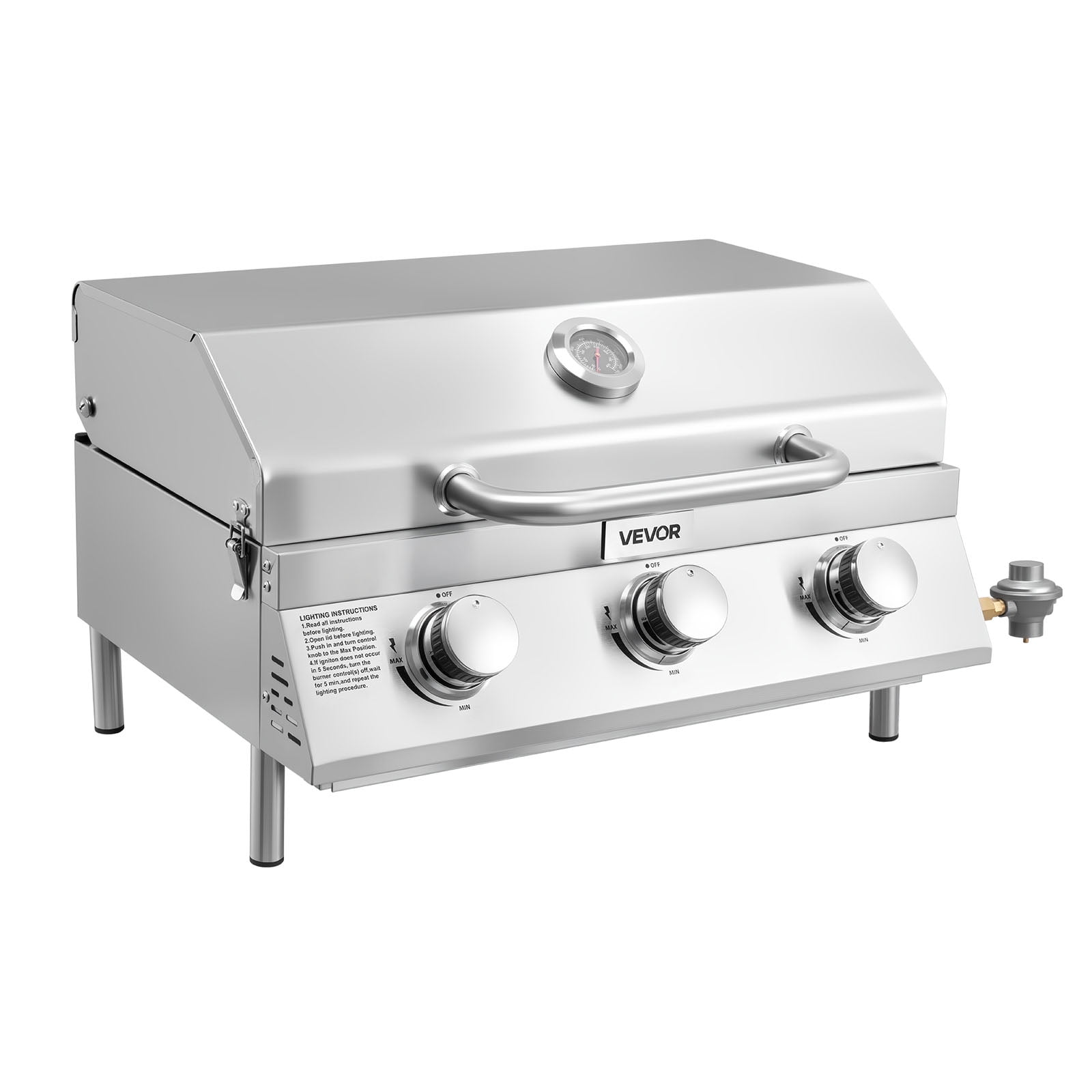 VEVOR Tabletop Gas Grill, 3-Burner Stainless Steel Portable Propane Grill, with Built-in Thermometer, Travel Locks, Weatherproof Lid, 22,500 BTU Total, for Outdoor Cooking,Patio,Party,Camping,RV