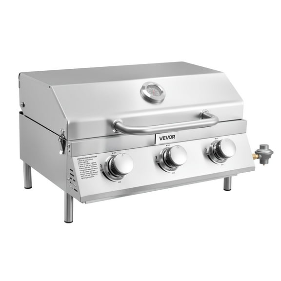 VEVOR Tabletop Gas Grill, 3-Burner Stainless Steel Portable Propane Grill, with Built-in Thermometer, Travel Locks, Weatherproof Lid, 22,500 BTU Total, for Outdoor Cooking,Patio,Party,Camping,RV
