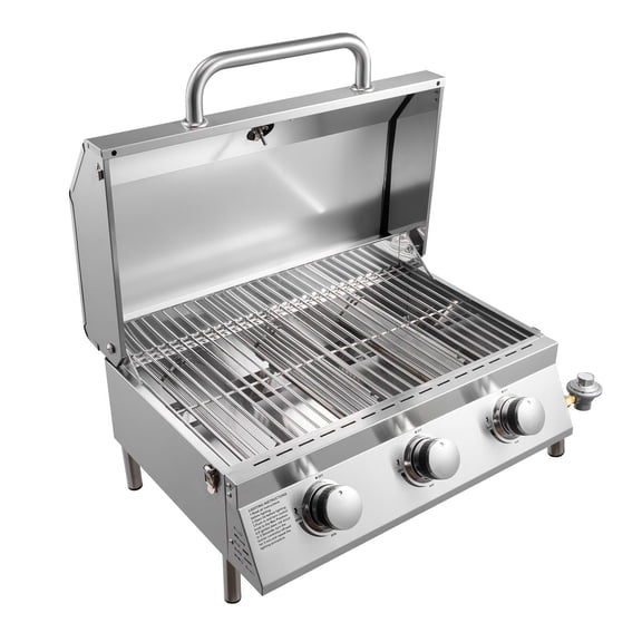 VEVOR Tabletop Gas Grill, 3-Burner Stainless Steel Portable Propane Grill, with Built-in Thermometer, Travel Locks, Weatherproof Lid, 22,500 BTU Total, for Outdoor Cooking, Patio, Party, Cam