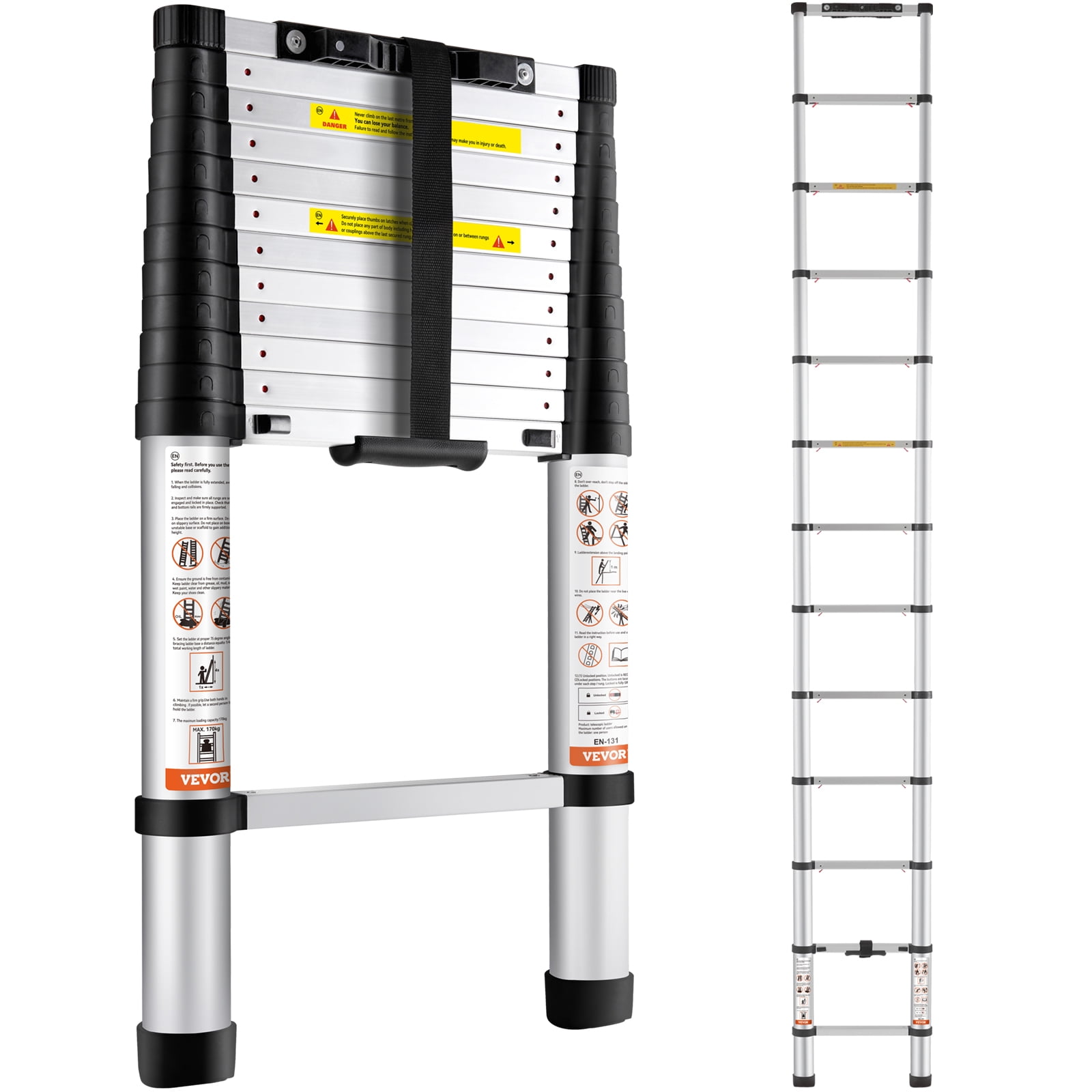 VEVOR Telescoping Ladder, 12.5 FT Aluminum One-button Retraction ...