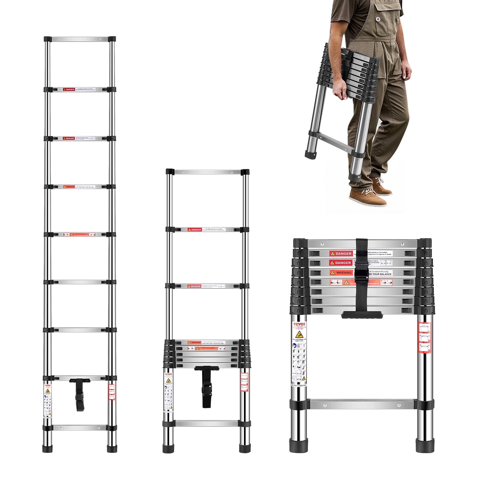 VEVOR Telescoping Ladder, 8.5ft 330LB Stainless Steel Extension Ladder with Non-Slip Feet, 9-Step Collapsible Ladder for Home/RV/Loft