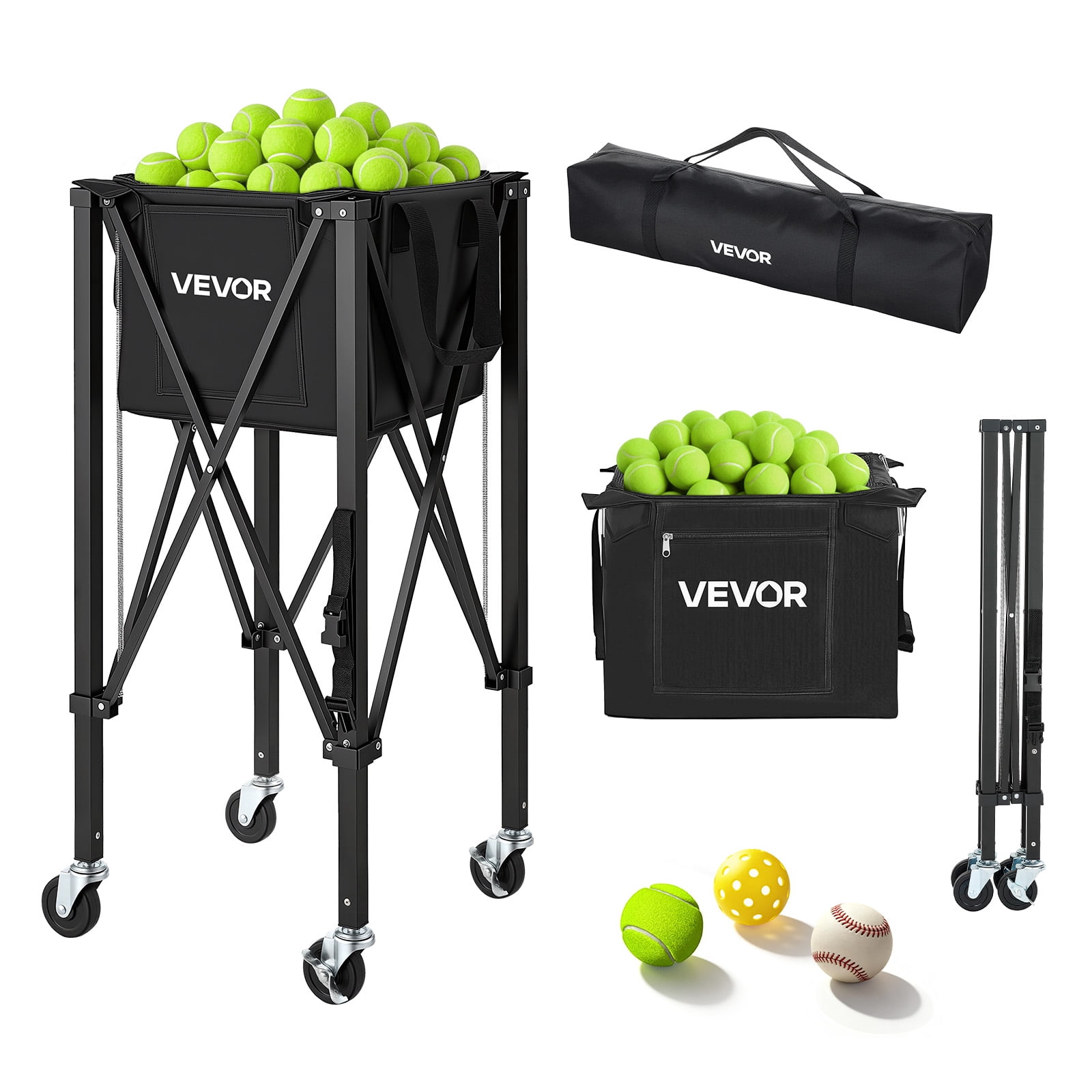 VEVOR Tennis Ball Hopper, Holds 120 Tennis Balls, Foldable Pickleball Basket Cart with Wheels for Easy Pick Up, Lightweight Aluminum Alloy, Portable Pickleball Caddy with Storage Bag, for Training