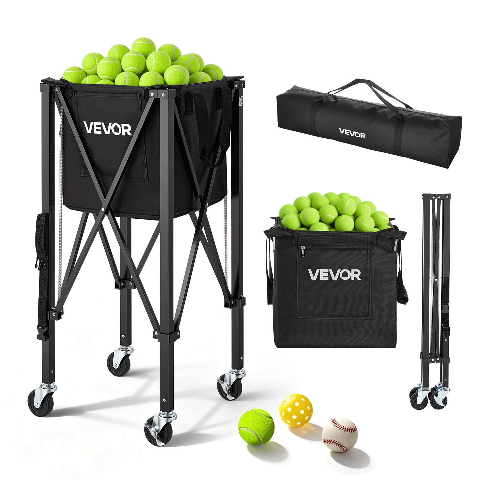 VEVOR Tennis Ball Hopper, Holds 150 Tennis Balls, Foldable Pickleball Basket Cart with Wheels for Easy Pick Up, Lightweight Aluminum Alloy, Portable Pickleball Caddy with Storage Bag, for Training
