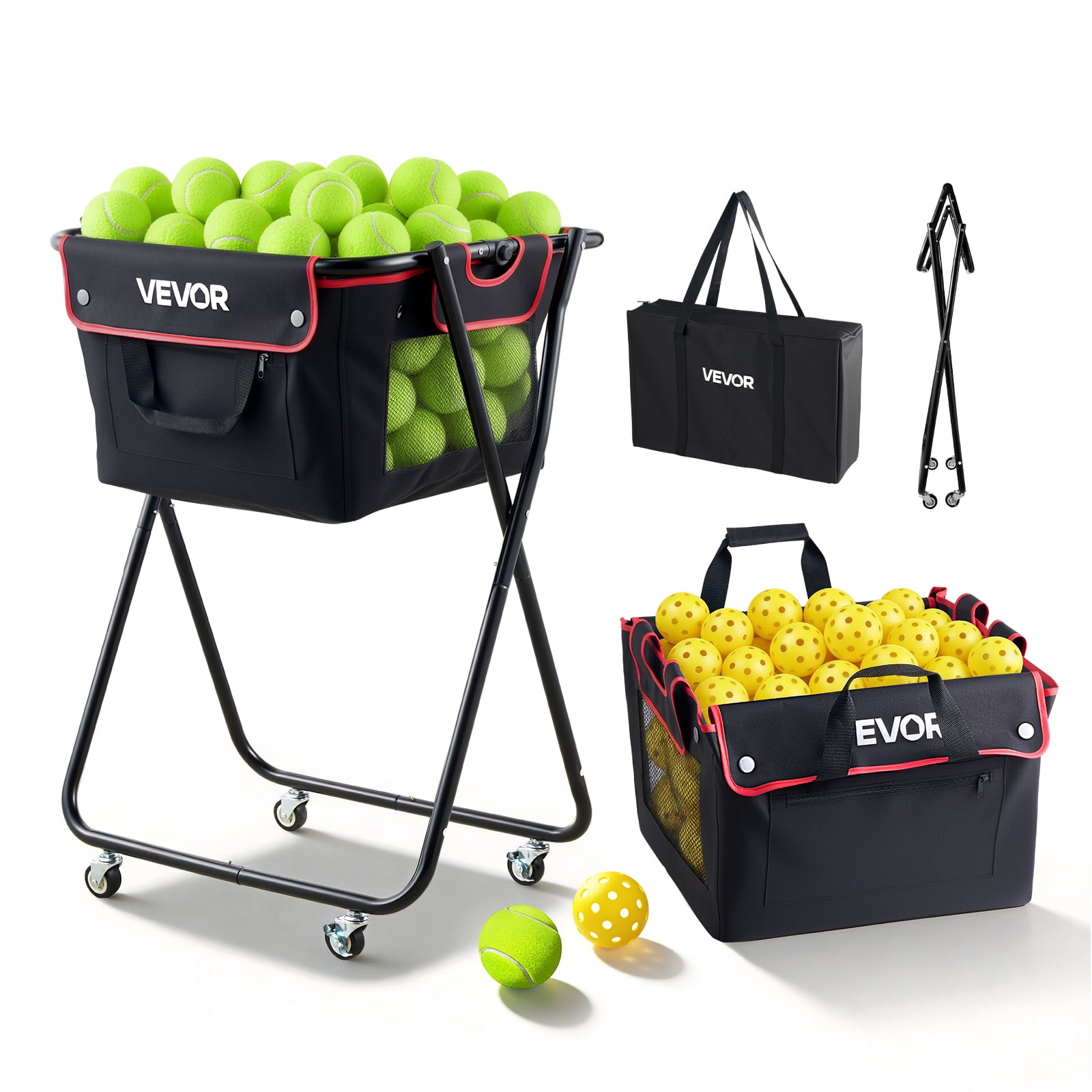 VEVOR Tennis Ball Hopper, Holds 175 Tennis Balls or 290 Pickleballs, Foldable Pickleball Basket Cart with Wheels for Easy Pick Up, Portable Baseball Cart Caddy with Storage Bag, for Training Coaching