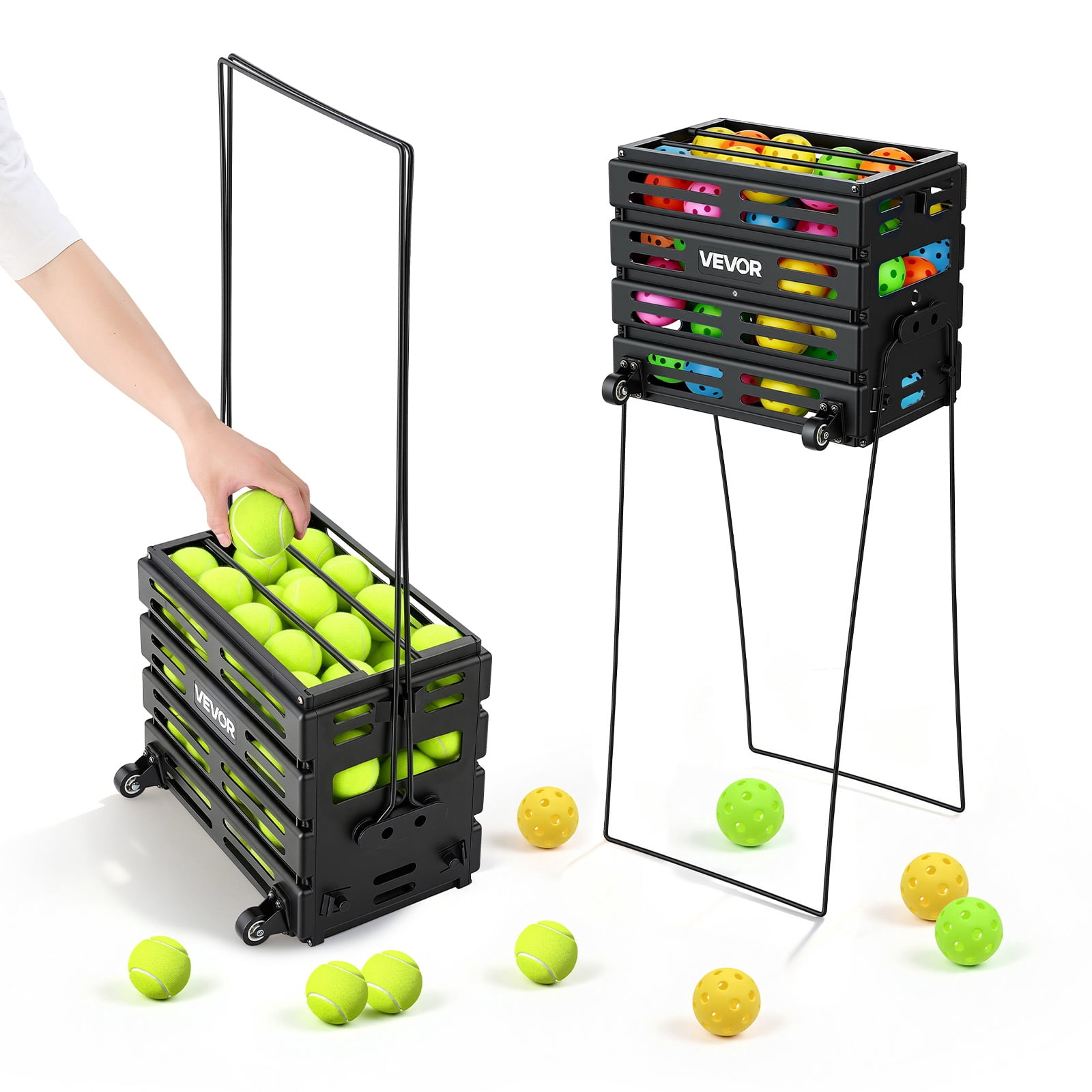 VEVOR Tennis Ball Hopper, Holds 80 Tennis Balls, Pickleball Basket Cart with Wheels for Easy Pick Up, Portable Pickleball Collection Caddy with Heavy-Duty Construction, for Training Carrying Storage