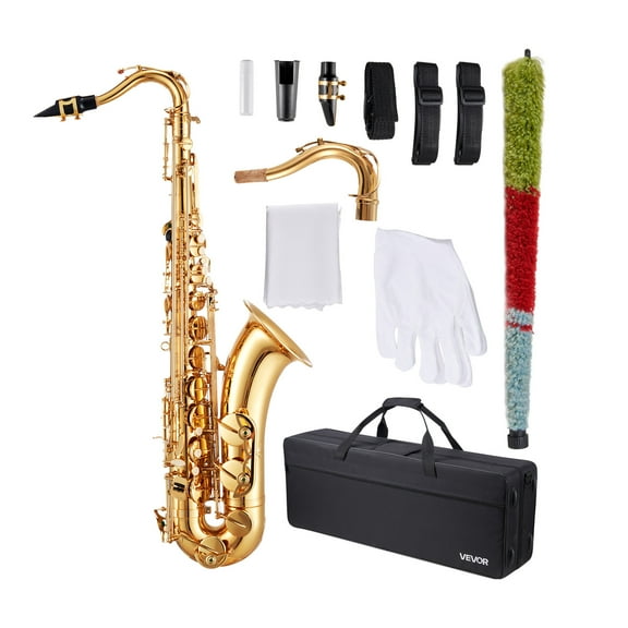 VEVOR Tenor Saxophone, B Flat, Professional Brass Saxophone Beginner Kit with Carrying Case, Mouthpiece, Straps, Cleaning Cloth, Gloves, Neck Strap, 23 Keys Tenor Sax Kit, for Beginners Students,Gold