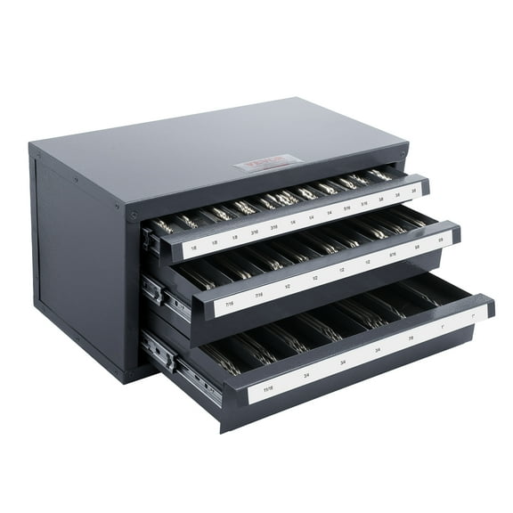 VEVOR Three-Drawer Steel Cabinet for End Mill Organization, Accommodates 1/8" to 1", Features 29 Compartments with Labels, Stackable Design for Efficient Storage