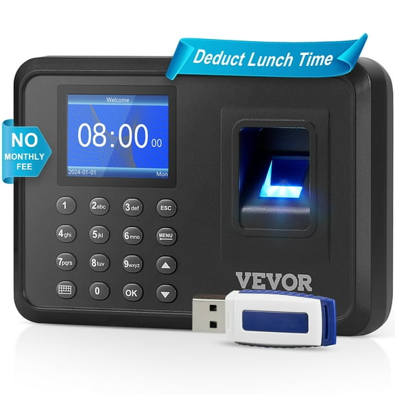 VEVOR Time Clock, Fingerprint Time Clocks for Employees Small Business, Biometric Time Clock with USB Drive, Automatic Punch In/Out, No Monthly Fees