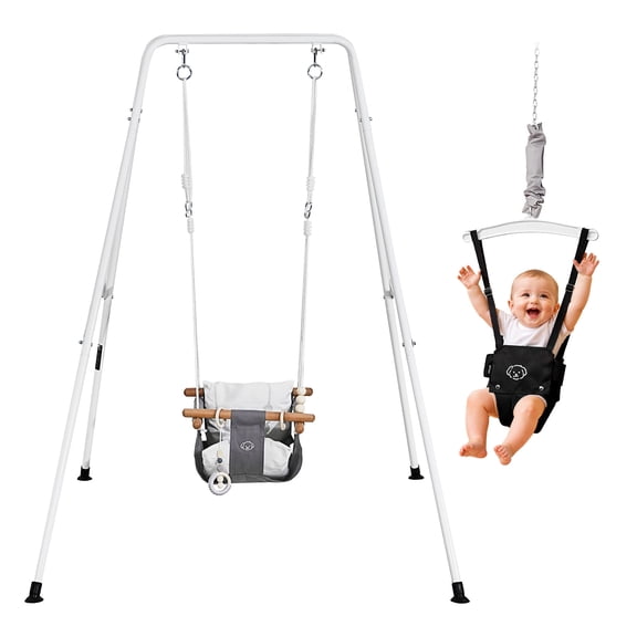 VEVOR Toddler Swing and Jumper, 2 in 1 Swing Set and Bouncer, Soft Cushion with Foldable A-Frame Metal Stand, Heavy-Duty Thick Ropes, Easy to Install and Store, for Indoor or Outdoor Play, Black