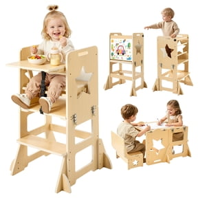 VEVOR Toddler Tower, Wooden, 6 in 1 Kitchen Step Stool for Kids 1-5, Montessori Weaning Table and Chair Set, Learning Standing Tower with Blackboard & Feeding Tray, for Bathroom and Kitchen Counter