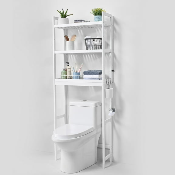 VEVOR Over the Toilet Storage, 3-Tier Adjustable Over Toilet Bathroom Organizer, Bamboo Storage Shelf Rack with 3 Hooks, Freestanding Easy Assembly Laundry Space Saver, Fit Most Toilets, White