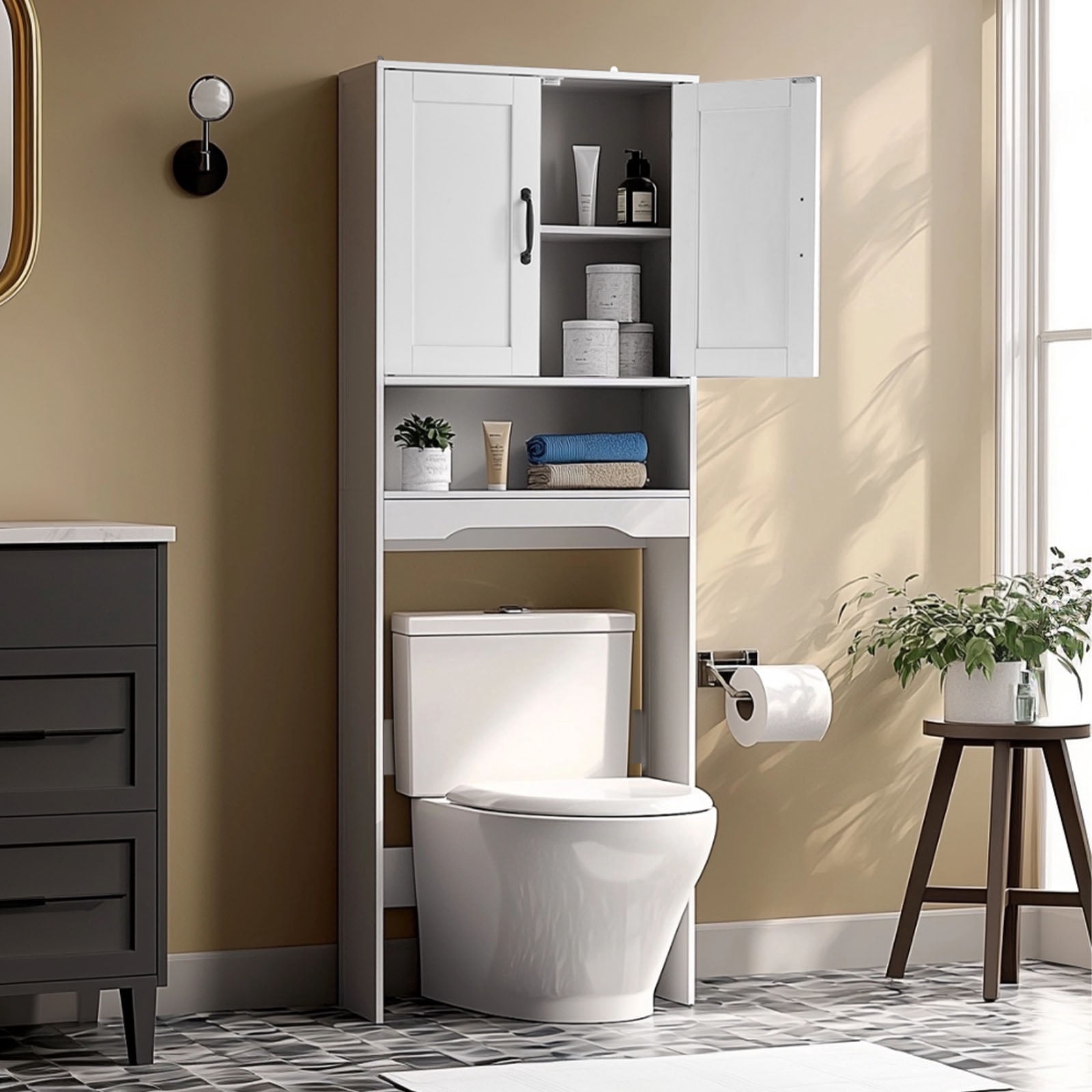 VEVOR Over The Toilet Storage Cabinet, 65 in Height Bathroom Storage Organizer with Double Door and Adjustable Shelf, Bathroom Space Saver Organizer Above Toilet with Open Shelf, White