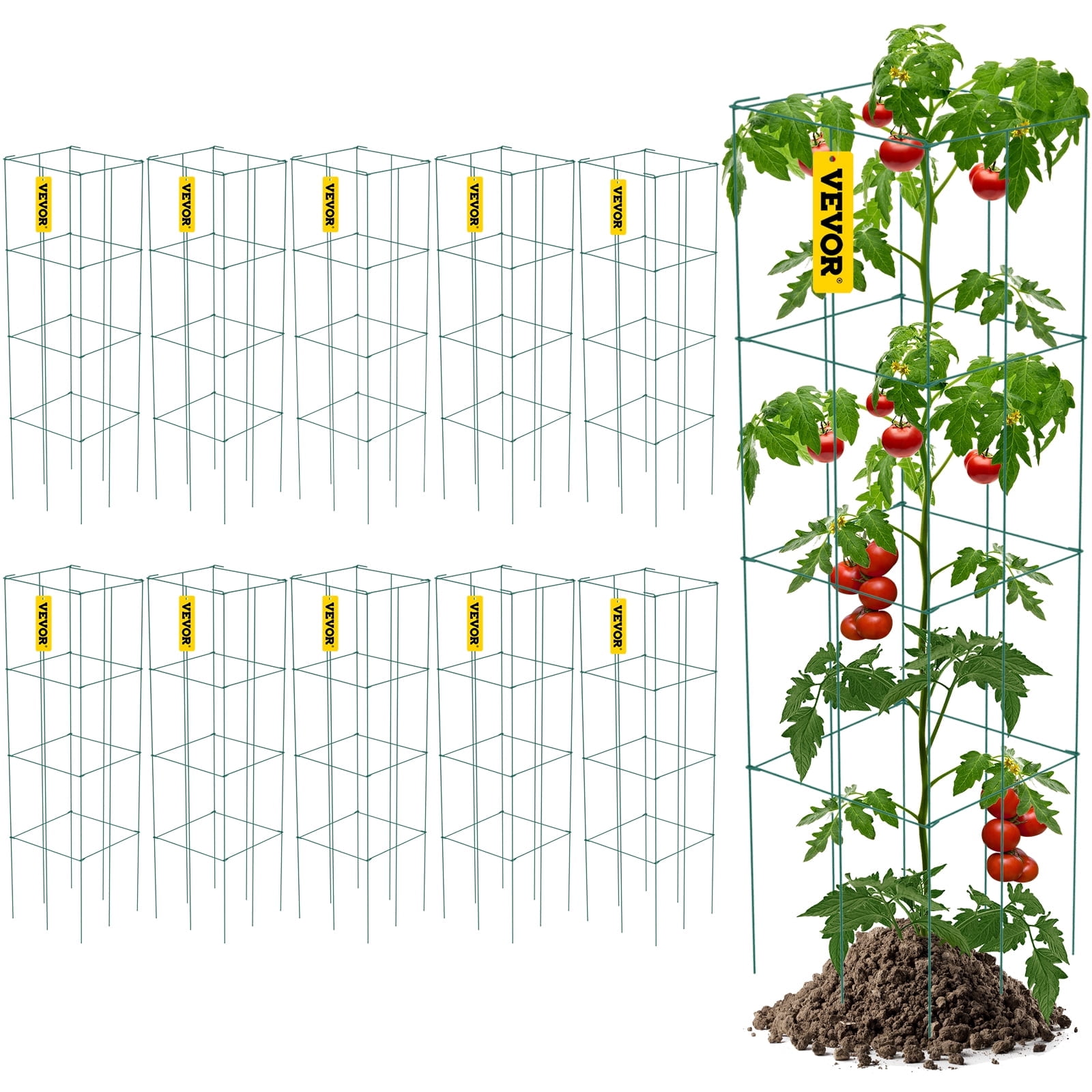 VEVOR Tomato Cages, 11.8" x 11.8" x 46.1", 10 pack Square Plant Support Cages, Green PVC-Coated Steel Tomato Towers for Climbing Vegetables, Plants, Flowers, Fruits