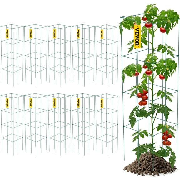 VEVOR Tomato Cages, 11.8" x 11.8" x 46.1", 10 pack Square Plant Support Cages, Green PVC-Coated Steel Tomato Towers for Climbing Vegetables, Plants, Flowers, Fruits
