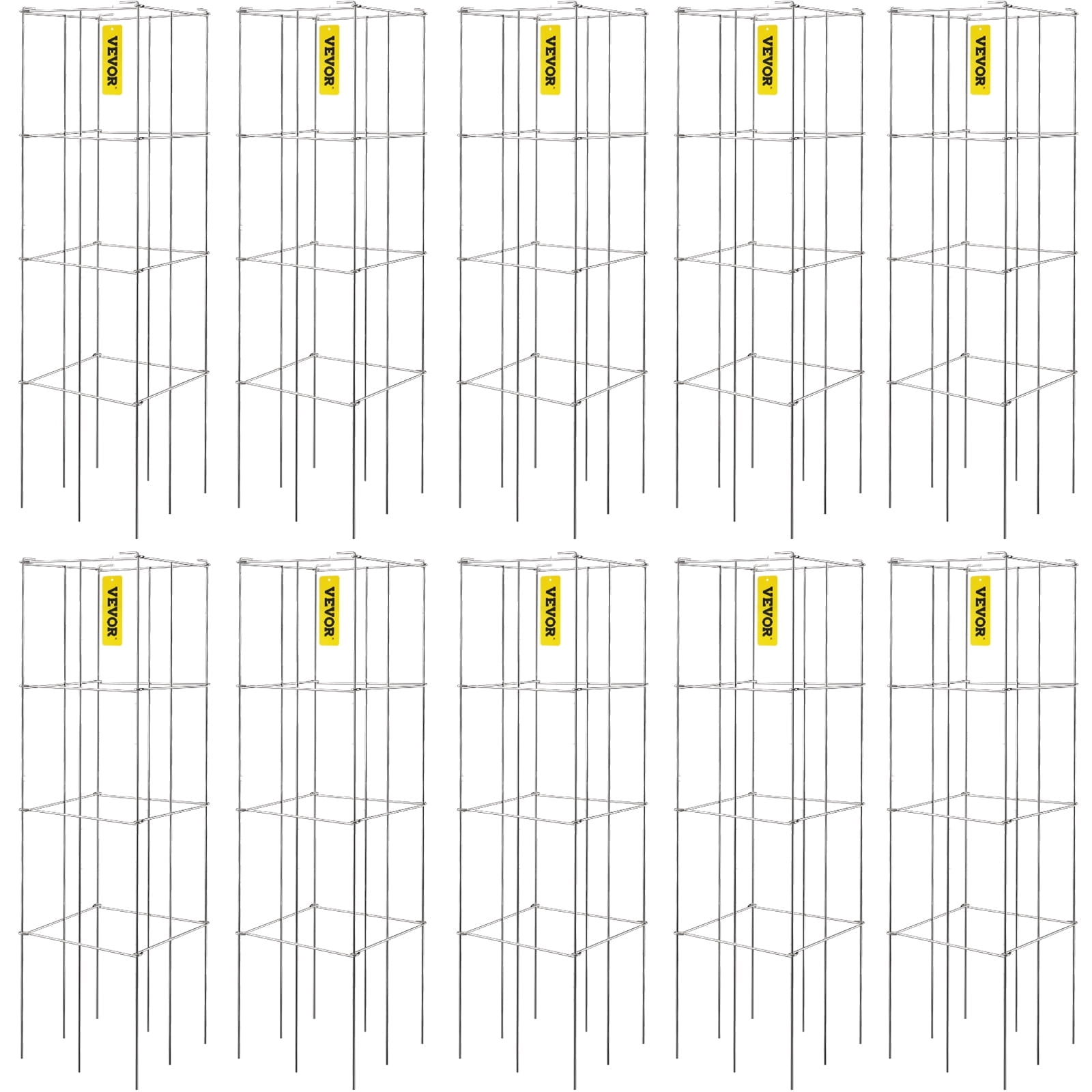 VEVOR Tomato Cages, 11.8" x 11.8" x 46.1", 10 Packs Square Plant Support Cages, Silver PVC-Coated Steel Tomato Towers for Climbing Vegetables, Plants, Flowers, Fruits