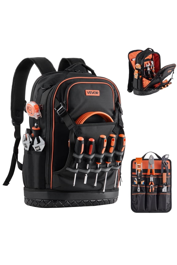 VEVOR Tool Backpack, 65 Pockets, Heavy-duty Tools Storage Organizer Work Bags with Laptop Compartment & Molded Base, Electrician Jobsite Backpack for Electrician, Repairman, and HVAC Techs