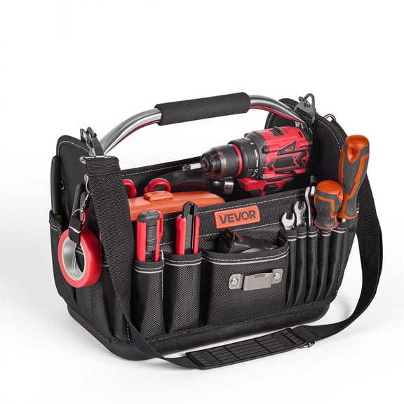 VEVOR Tool Bag, 13 Inch, 33-Pocket Open Top Tool Tote, Portable Electrical Maintenance Toolbox Organizer Storage with Hard Plastic Base, Adjustable Shoulder Strap, for Professionals DIY & Jobsite Use