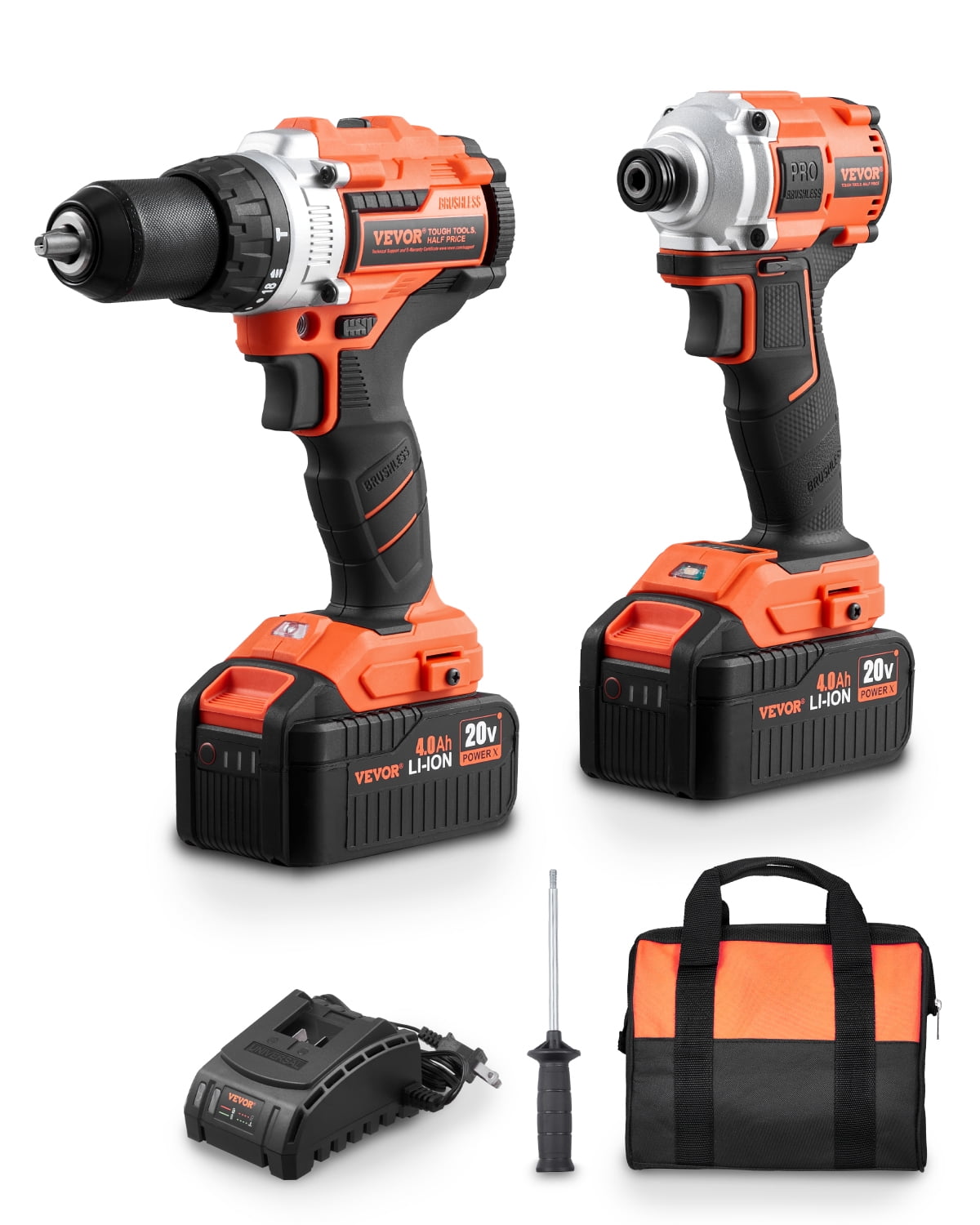 VEVOR Tool Combo Kit, 20V Max Cordless&nbsp;2-Tool Combo Kit, with 1/2 in Impact Drill, 1/4 in Impact Driver, Compact Cordless Power Tool Combo Kit with 4.0 Ah Batteries