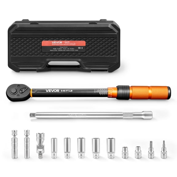 VEVOR Torque Wrench 3/8-inch Drive Click Torque Wrench Dual Scale Readings, 5-45 lbf-ft / 6.8-61.2 N.m, 3% High Precision, with Spark Plug Sockets, Bits, Universal Joint, Extension Bar, Storage Case