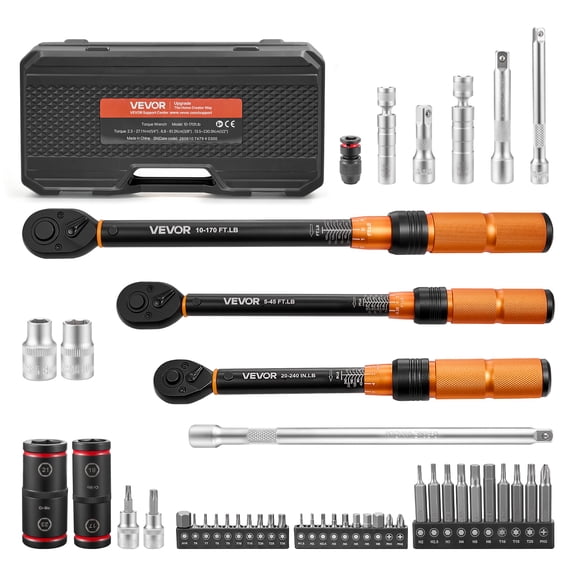 VEVOR Torque Wrench Set 1/4" 3/8" 1/2" Drive Click Torque Wrench 47-Piece, Dual Scale Readings, ±3% High Precision, with Spark Plug Sockets, Bits, Extension Bars, Storage Case, for Automotive Repair
