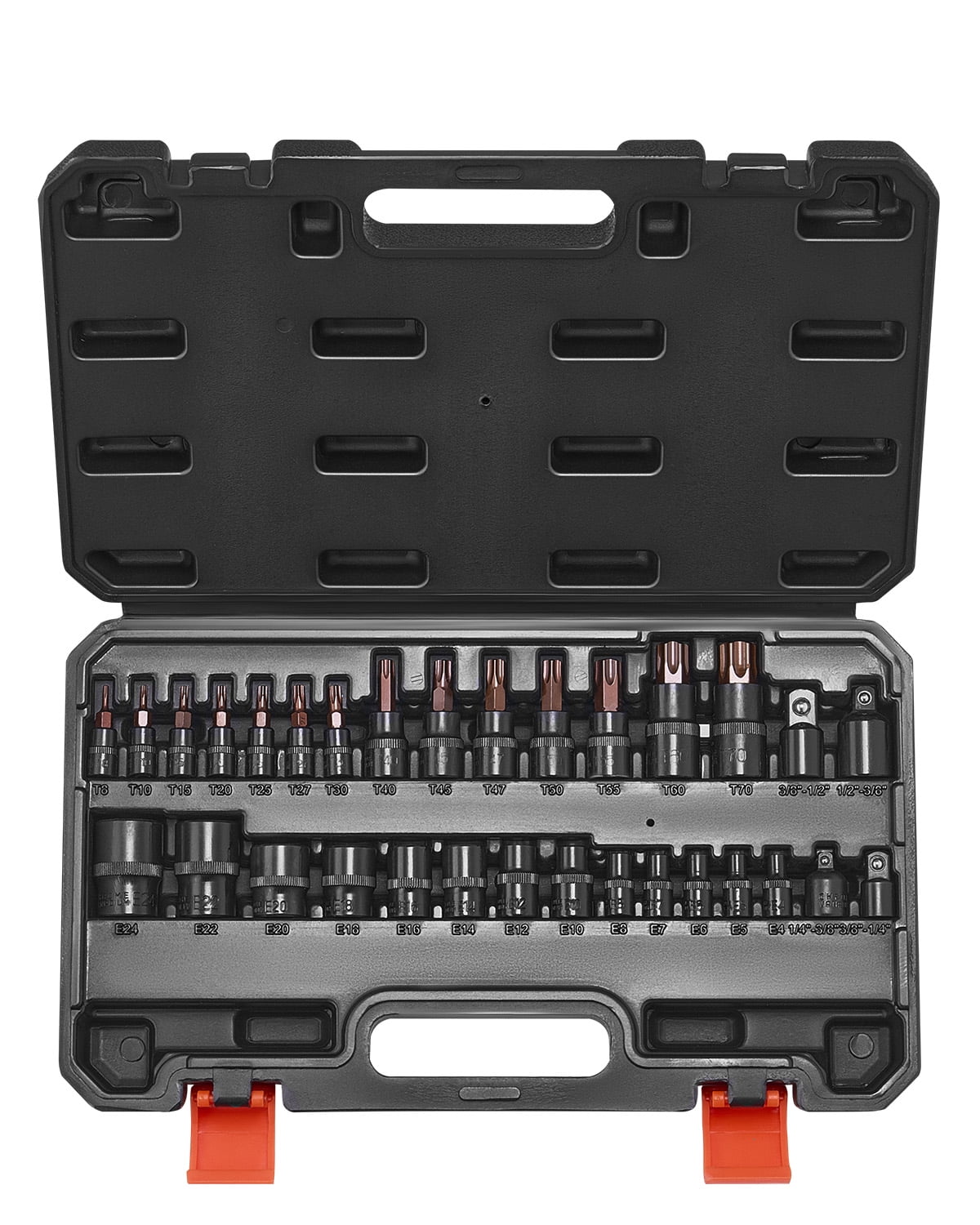 VEVOR Torx Bit Socket and External Torx Socket Set, 31-Piece T8-T70 and E4-E24,S2 Alloy Steel and Cr-V Steel, 1/4 in, 3/8 in, and 1/2 in Drives, with Adapter and Enhanced Storage Case, for Automotive