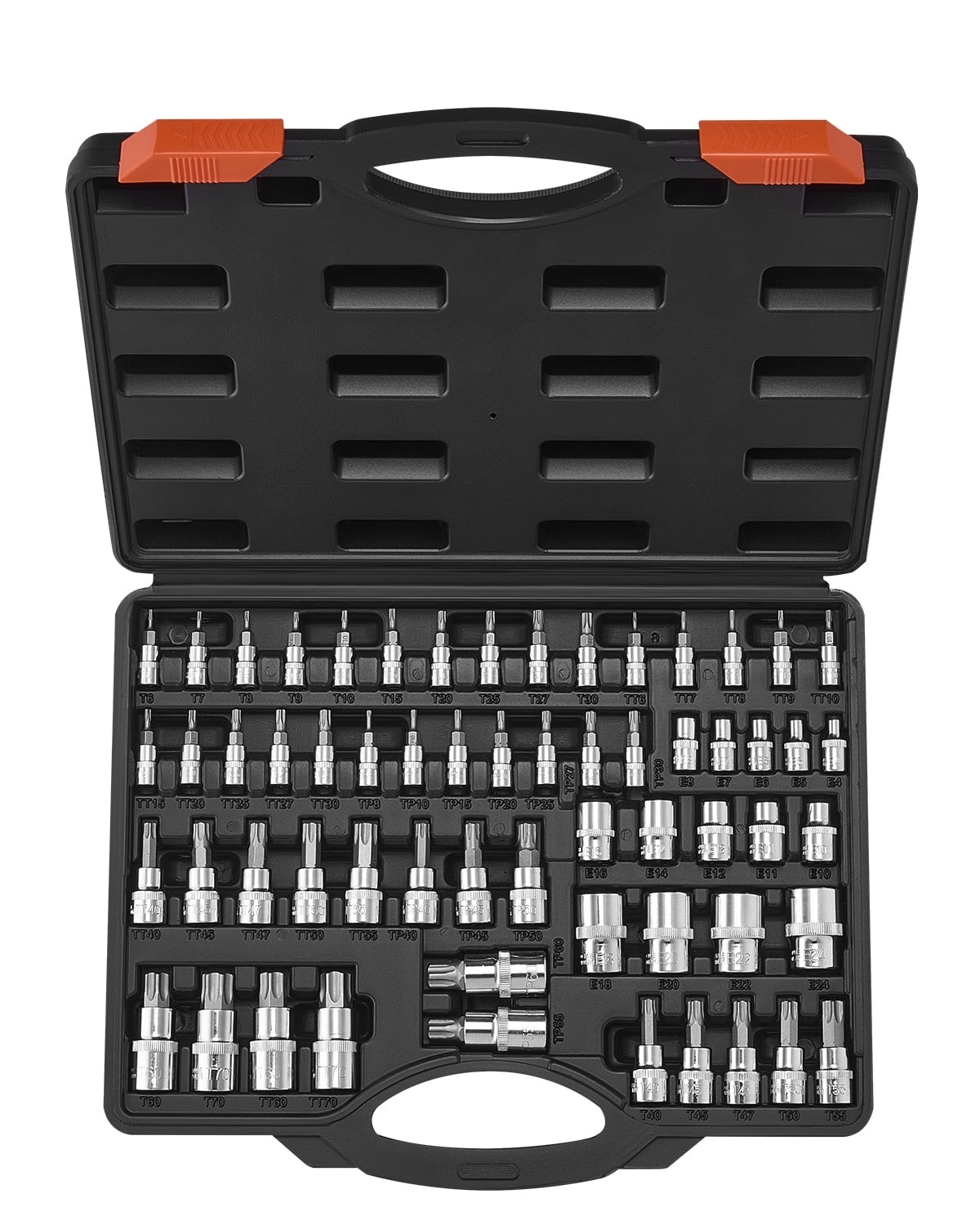 VEVOR Torx Bit Socket and External Torx Socket Set, 60-Piece T6-T70, TT6-TT70, TP8-TP60, E4-E24, S2 Alloy Steel and Cr-V Steel, 1/4 in, 3/8 in, and 1/2 in Drives, with Enhanced Storage Case, Hand Use