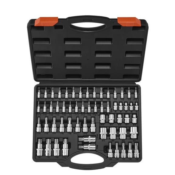 VEVOR Torx Bit Socket and External Torx Socket Set, 60-Piece T6-T70, TT6-TT70, TP8-TP60, E4-E24, S2 Alloy Steel and Cr-V Steel, 1/4 in, 3/8 in, and 1/2 in Drives, with Enhanced Storage Case, Hand Use