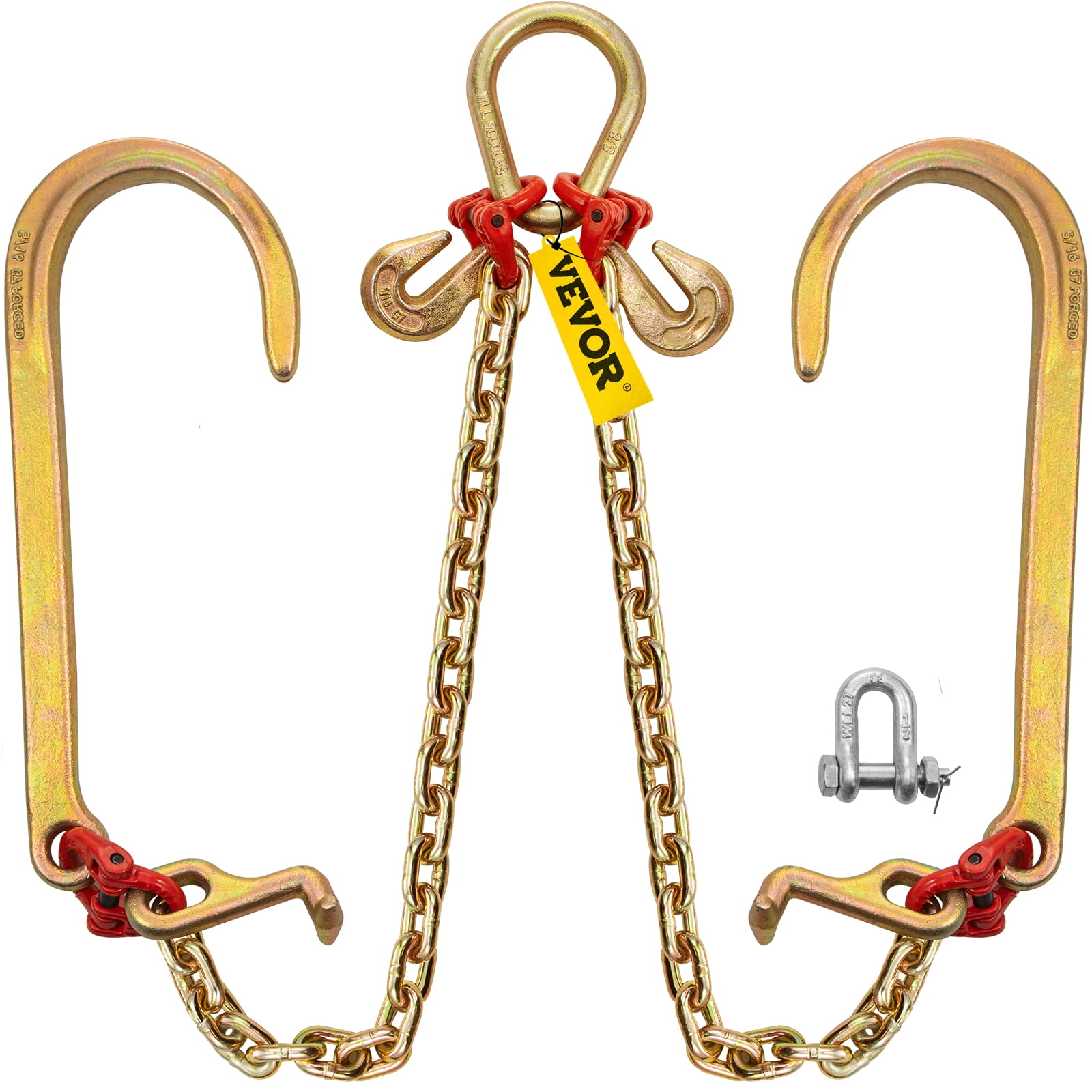 VEVOR Tow Chain Bridle with 15in J Hooks, V Bridle Chain 5/16in x 2ft Grade  80 with Mini J and Crab Hooks, Heavy Duty J Hook Chain 9260lbs Break  Strength 