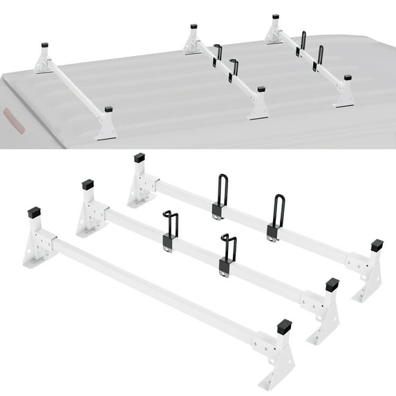 VEVOR Trailer Ladder Rack, 54" 3 Crossbars Ladder Roof Rack, Heavy-duty Steel Van Roof Ladder Rack, 800 lbs Capacity Van Ladder Rack with Straps, Fit for Ford Transit 150, 250, 350, 2015-2022