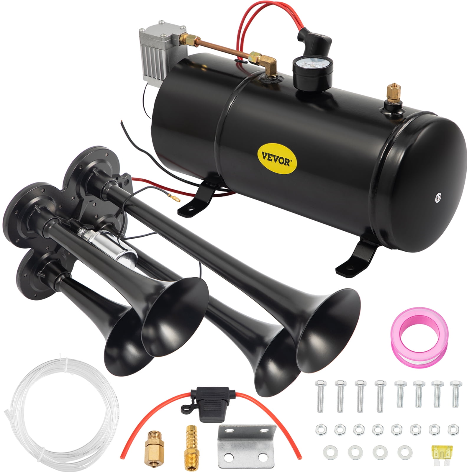 VEVOR Train Horn Kit 12V 150 PSI 4-Trumpet Chrome Air Horn Compressor 3L  Tank Train Air Compressor Kits For Any Vehicle Truck Car Jeep SUV 