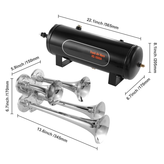 Train Horns Kit, 4 Trumpet Air Horn Kit, 150dB Train Horns for Pickup Trucks, 12V 160 psi Air Compre