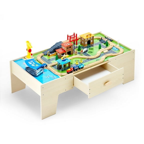 VEVOR Train Table, 62 Multicolor Pieces Wooden Kids Activity Table with Large Storage Drawer, 3-in-1 Wooden Train Set for Playing, Drawing, Reading, Eating, Creative Toy Set for Kids Ages 3+