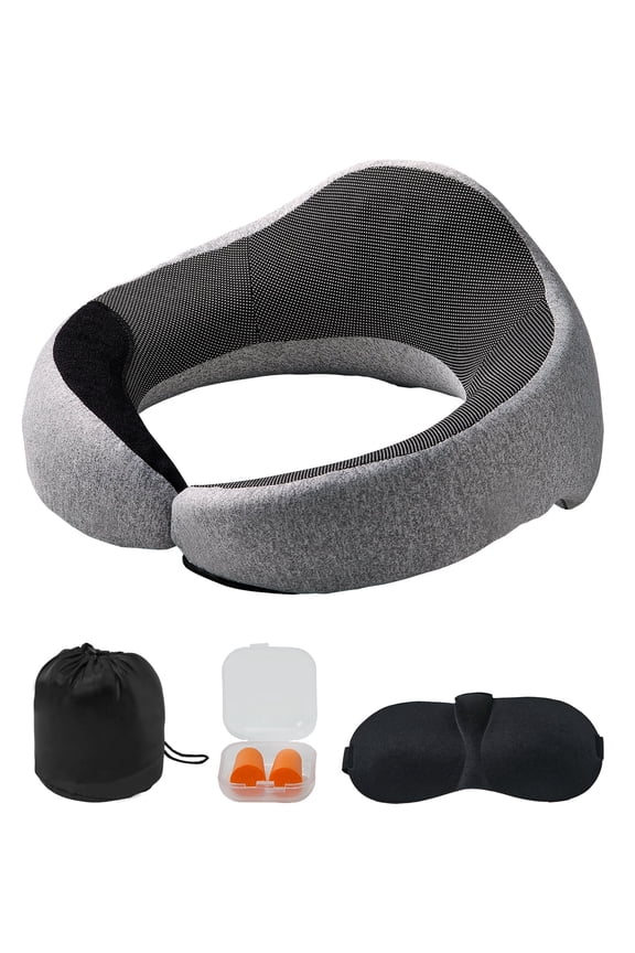 Travel Pillow,Double-Layered 3D Support Neck Pillow for Traveling, 360 Flexible Rotation Upgraded Memory Foam Travel Neck Pillow with Eye Mask,Earplugs,Earplug Case, Storage Bag(Black-Gray)